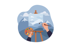 Mountain landscape painting vector with artist hand holding Product Image 1