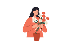 Woman arranging orange and white roses in pot floral hobby l Product Image 1
