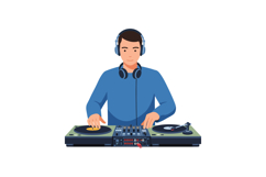 Male DJ mixing music with turntables and headphones in blue Product Image 1