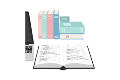Open notebook with handwritten notes and pastel colored book Product Image 1