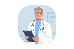 Male doctor with clipboard and stethoscope in medical office Product Image 1