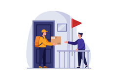 Delivery person handing package to customer at door in resid Product Image 1