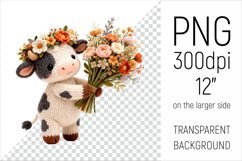 Knitted Baby Cow with Flowers Clipart. Perfect for Mothers Day gifts, birthday designs, spring celebrations, and heartfelt handmade creations.