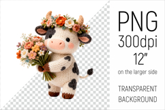 Knitted Baby Cow with Flowers Clipart. Perfect for Mothers Day gifts, birthday designs, spring celebrations, and heartfelt handmade creations.