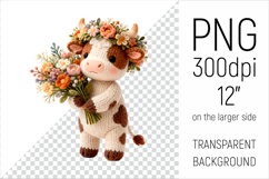 Knitted Baby Cow with Flowers Clipart. Perfect for Mothers Day gifts, birthday designs, spring celebrations, and heartfelt handmade creations.