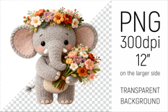 Knitted Baby Elephant with Flowers Clipart. Perfect for Mothers Day gifts, birthday designs, spring celebrations, and heartfelt handmade creations.