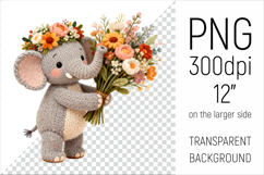 Knitted Baby Elephant with Flowers Clipart. Perfect for Mothers Day gifts, birthday designs, spring celebrations, and heartfelt handmade creations.