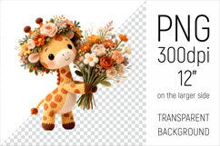 Knitted Baby Giraffe with Flowers Clipart. Perfect for Mothers Day gifts, birthday designs, spring celebrations, and heartfelt handmade creations.