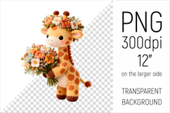 Knitted Baby Giraffe with Flowers Clipart. Perfect for Mothers Day gifts, birthday designs, spring celebrations, and heartfelt handmade creations.
