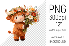 Knitted Baby Highland Cow with Flowers Clipart. Perfect for Mothers Day gifts, birthday designs, spring celebrations, and heartfelt handmade creations.