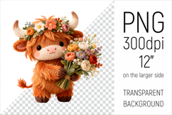 Knitted Baby Highland Cow with Flowers Clipart. Perfect for Mothers Day gifts, birthday designs, spring celebrations, and heartfelt handmade creations.
