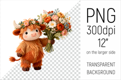 Knitted Baby Highland Cow with Flowers Clipart. Perfect for Mothers Day gifts, birthday designs, spring celebrations, and heartfelt handmade creations.