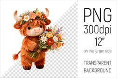 Knitted Baby Highland Cow with Flowers Clipart. Perfect for Mothers Day gifts, birthday designs, spring celebrations, and heartfelt handmade creations.