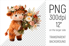 Knitted Baby Highland Cow with Flowers Clipart. Perfect for Mothers Day gifts, birthday designs, spring celebrations, and heartfelt handmade creations.