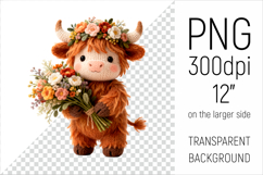 Knitted Baby Highland Cow with Flowers Clipart. Perfect for Mothers Day gifts, birthday designs, spring celebrations, and heartfelt handmade creations.