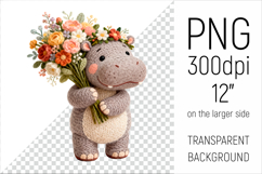 Knitted Baby Hippo with Flowers Clipart. Perfect for Mothers Day gifts, birthday designs, spring celebrations, and heartfelt handmade creations.