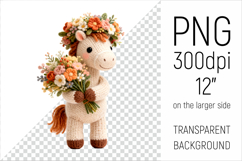 Knitted Baby Horse with Flowers Clipart. Perfect for Mothers Day gifts, birthday designs, spring celebrations, and heartfelt handmade creations.