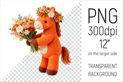 Knitted Baby Horse with Flowers Clipart. Perfect for Mothers Day gifts, birthday designs, spring celebrations, and heartfelt handmade creations.