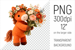 Knitted Baby Horse with Flowers Clipart. Perfect for Mothers Day gifts, birthday designs, spring celebrations, and heartfelt handmade creations.