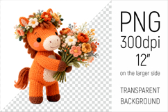 Knitted Baby Horse with Flowers Clipart. Perfect for Mothers Day gifts, birthday designs, spring celebrations, and heartfelt handmade creations.