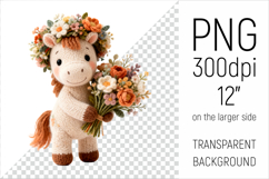 Knitted Baby Horse with Flowers Clipart. Perfect for Mothers Day gifts, birthday designs, spring celebrations, and heartfelt handmade creations.