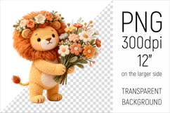 Knitted Baby Lion with Flowers Clipart. Perfect for Mothers Day gifts, birthday designs, spring celebrations, and heartfelt handmade creations.