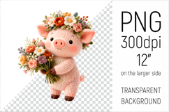 Knitted Baby Pig with Flowers Clipart. Perfect for Mothers Day gifts, birthday designs, spring celebrations, and heartfelt handmade creations.
