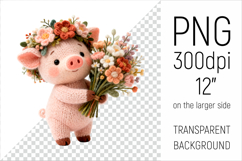 Knitted Baby Pig with Flowers Clipart. Perfect for Mothers Day gifts, birthday designs, spring celebrations, and heartfelt handmade creations.