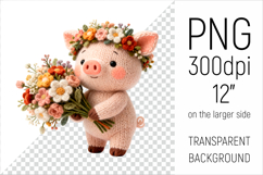 Knitted Baby Pig with Flowers Clipart. Perfect for Mothers Day gifts, birthday designs, spring celebrations, and heartfelt handmade creations.