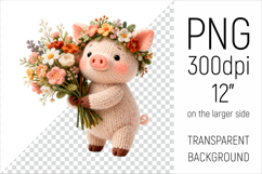 Knitted Baby Pig with Flowers Clipart. Perfect for Mothers Day gifts, birthday designs, spring celebrations, and heartfelt handmade creations.