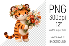 Knitted Baby Tiger with Flowers Clipart. Perfect for Mothers Day gifts, birthday designs, spring celebrations, and heartfelt handmade creations.