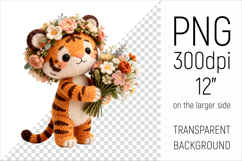Knitted Baby Tiger with Flowers Clipart. Perfect for Mothers Day gifts, birthday designs, spring celebrations, and heartfelt handmade creations.