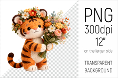 Knitted Baby Tiger with Flowers Clipart. Perfect for Mothers Day gifts, birthday designs, spring celebrations, and heartfelt handmade creations.