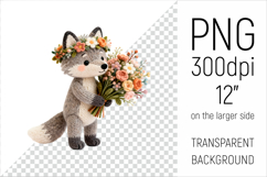 Knitted Baby Wolf with Flowers Clipart. Perfect for Mothers Day gifts, birthday designs, spring celebrations, and heartfelt handmade creations.