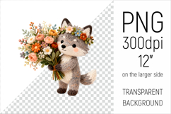 Knitted Baby Wolf with Flowers Clipart. Perfect for Mothers Day gifts, birthday designs, spring celebrations, and heartfelt handmade creations.