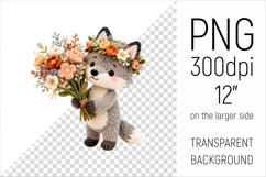Knitted Baby Wolf with Flowers Clipart. Perfect for Mothers Day gifts, birthday designs, spring celebrations, and heartfelt handmade creations.
