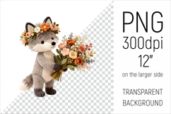 Knitted Baby Wolf with Flowers Clipart. Perfect for Mothers Day gifts, birthday designs, spring celebrations, and heartfelt handmade creations.