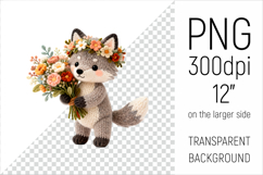 Knitted Baby Wolf with Flowers Clipart. Perfect for Mothers Day gifts, birthday designs, spring celebrations, and heartfelt handmade creations.