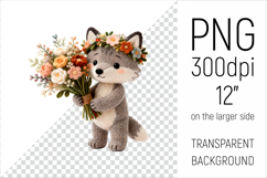 Knitted Baby Wolf with Flowers Clipart. Perfect for Mothers Day gifts, birthday designs, spring celebrations, and heartfelt handmade creations.