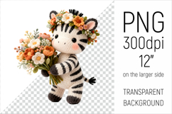 Knitted Baby Zebra with Flowers Clipart. Perfect for Mothers Day gifts, birthday designs, spring celebrations, and heartfelt handmade creations.