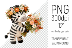 Knitted Baby Zebra with Flowers Clipart. Perfect for Mothers Day gifts, birthday designs, spring celebrations, and heartfelt handmade creations.