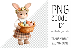 Knitted Bunny with Easter Basket clipart. Ideal for sublimation, mugs, T-shirts, greeting cards, nursery decor, classroom projects, and digital products.