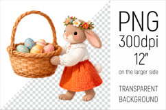 Knitted Bunny with Easter Basket clipart. Ideal for sublimation, mugs, T-shirts, greeting cards, nursery decor, classroom projects, and digital products.