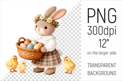 Knitted Bunny with Easter Basket clipart. Ideal for sublimation, mugs, T-shirts, greeting cards, nursery decor, classroom projects, and digital products.