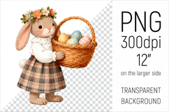 Knitted Bunny with Easter Basket clipart. Ideal for sublimation, mugs, T-shirts, greeting cards, nursery decor, classroom projects, and digital products.