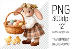 Knitted Bunny with Easter Basket clipart. Ideal for sublimation, mugs, T-shirts, greeting cards, nursery decor, classroom projects, and digital products.