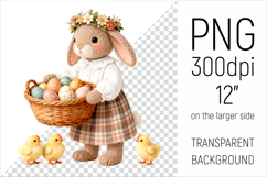 Knitted Bunny with Easter Basket clipart. Ideal for sublimation, mugs, T-shirts, greeting cards, nursery decor, classroom projects, and digital products.