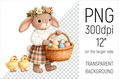 Knitted Bunny with Easter Basket clipart. Ideal for sublimation, mugs, T-shirts, greeting cards, nursery decor, classroom projects, and digital products.