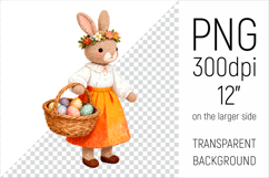 Knitted Bunny with Easter Basket clipart. Ideal for sublimation, mugs, T-shirts, greeting cards, nursery decor, classroom projects, and digital products.
