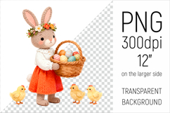 Knitted Bunny with Easter Basket clipart. Ideal for sublimation, mugs, T-shirts, greeting cards, nursery decor, classroom projects, and digital products.